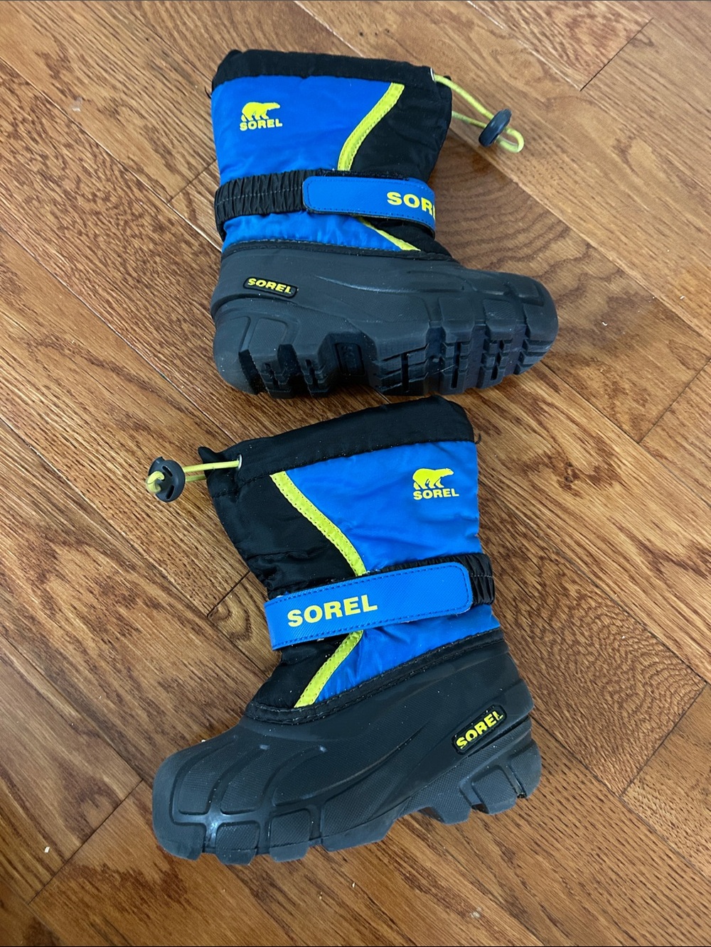 Sorel Kids Blue, Black and Neon Yellow Snow Boots